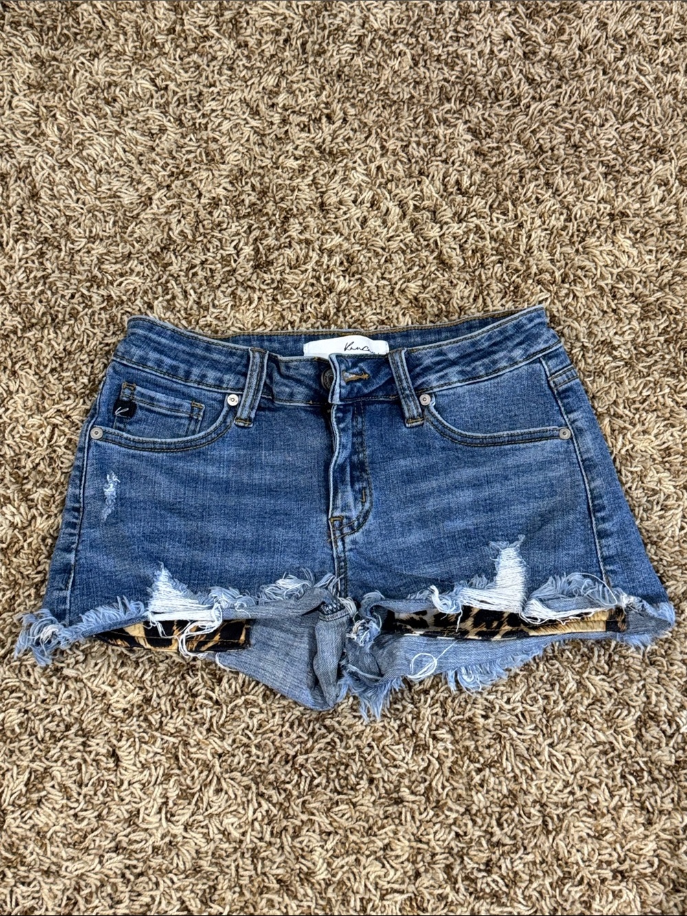 KanCan Distressed Blue Denim Jean Shorts with Leopard Pockets / Size Small